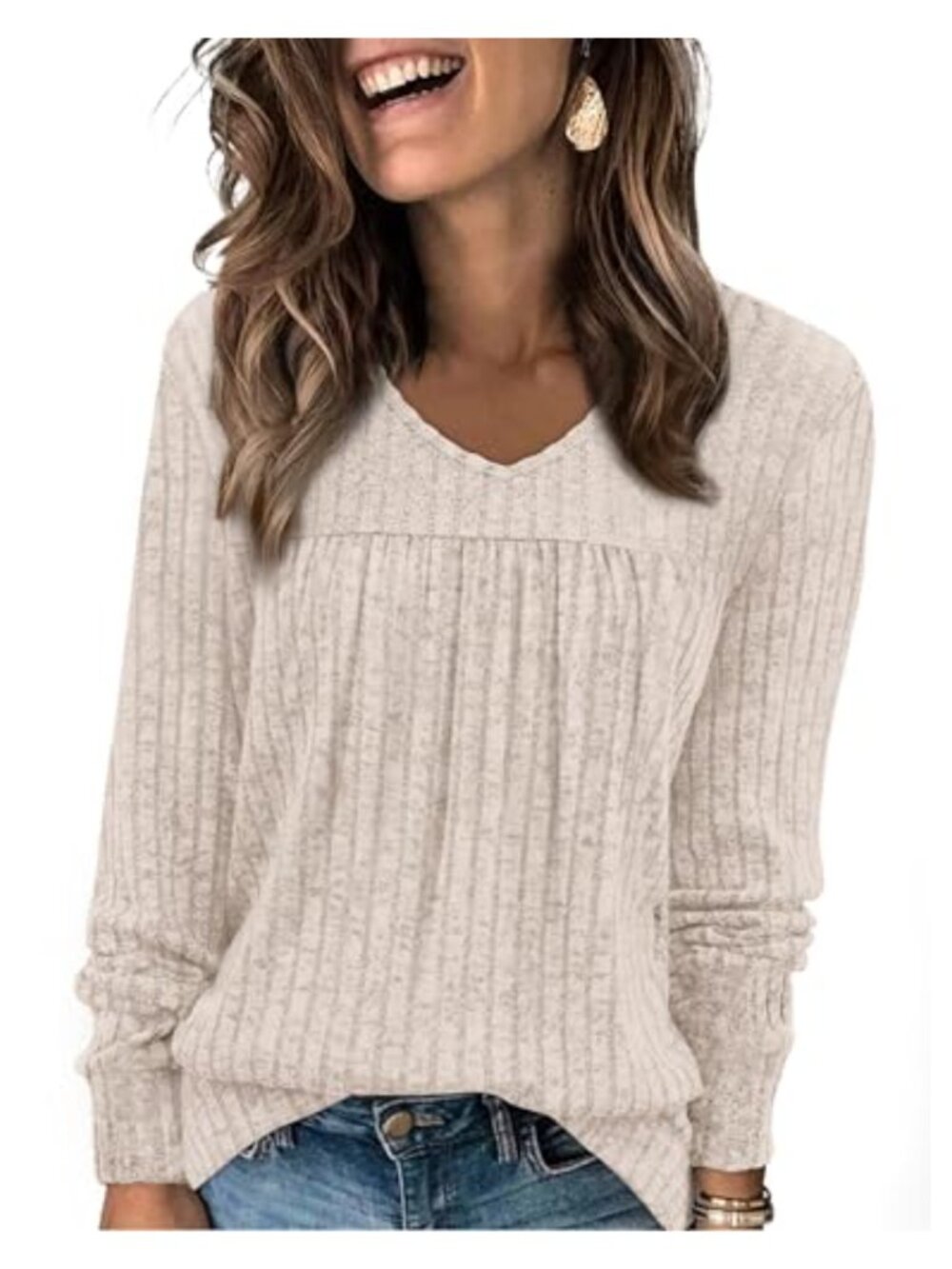 Womens Long Sleeve V Neck Ribbed Knit Tunic Sweater Lightweight
